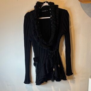 Elegant Black Knit Cardigan with Fur Trim